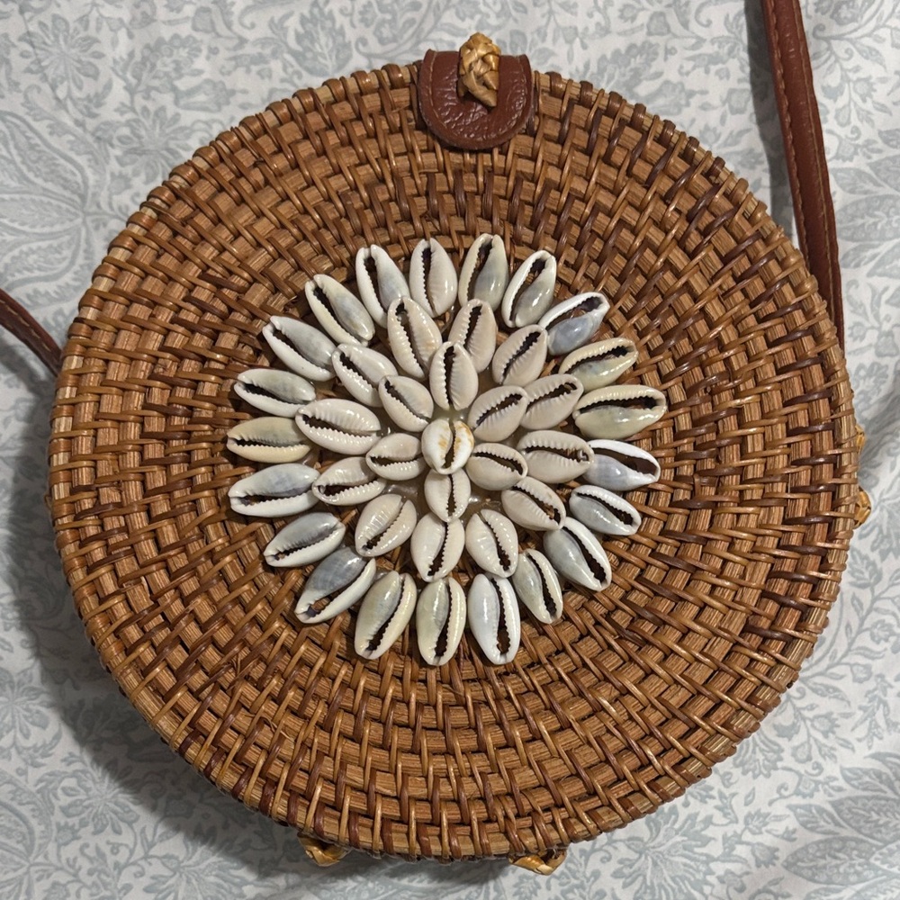 Brown Woven Shell-Embellished Bag